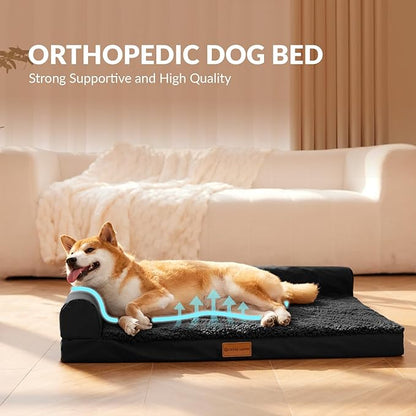Patas Lague Orthopedic XL Dog Bed Large Sized Dog 48''X30'', Waterproof L Bolster Big Pet Sofa Beds with Removable Washable Cover, Soft Comfortable Pet Couch Crate Mat with Nonskid Bottom, Black