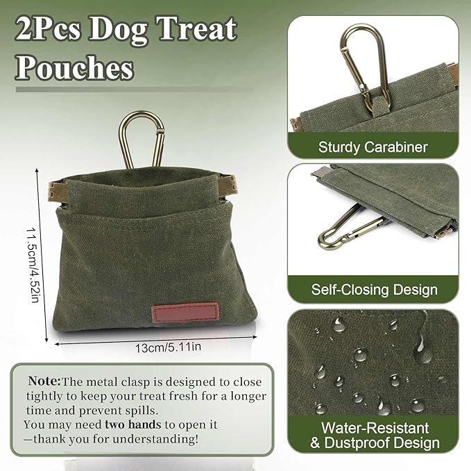 2Pcs Dog Treat Pouches for Pet Training, Hand Free Puppy Dogs Treat Bag with Carabiner, Portable Auto Closing Pet Dog Walking Bag for Travel or Outdoor Use, Pets Feed Snack Reward Pocket- Pink, Green