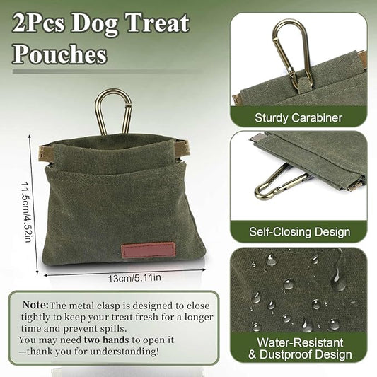 2Pcs Dog Treat Pouches for Pet Training, Hand Free Puppy Dogs Treat Bag with Carabiner, Portable Auto Closing Pet Dog Walking Bag for Travel or Outdoor Use, Pets Feed Snack Reward Pocket- Pink, Green
