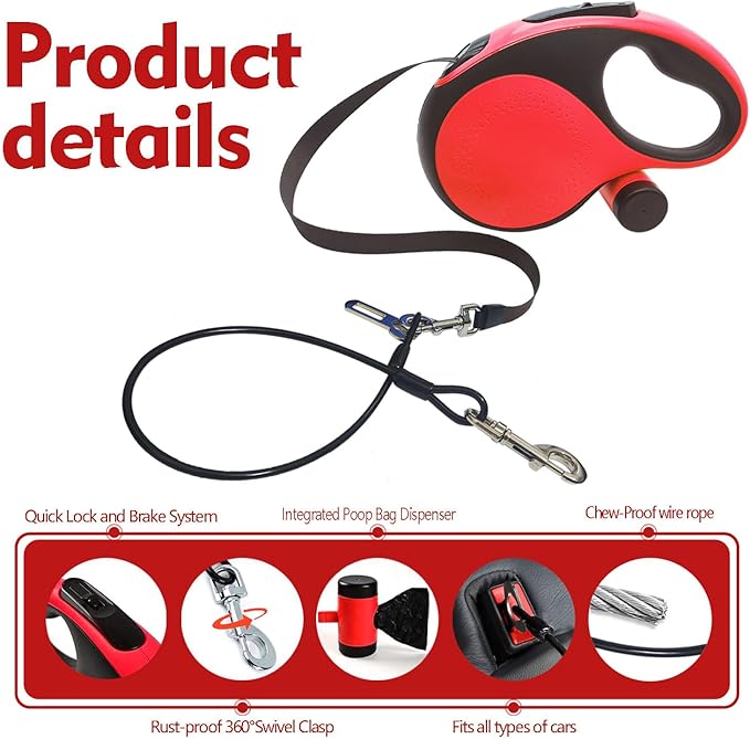 26Ft Retractable Dog Leash with Chew Proof Cable,Heavy Duty Dog Leash with Removable Poop Bags for Medium Large Dogs up to 110lbs,Strong Nylon Tape No Tangle,One-Handed Brake (Red)