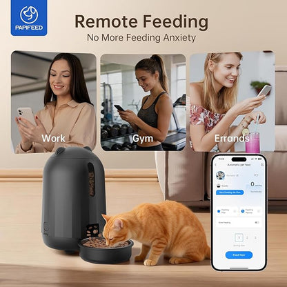 PAPIFEED Automatic Cat Feeder, App-Controlled WiFi Auto Food Dispenser with Dual Power Backup, Slow Feeding Mode, 3L Easy-Clean Feeder for Cats & Small Dogs (Black)
