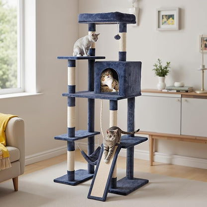 DUMOS Large 63in Cat Tree Tower, Multi Level Cat Climbing Tower with Condo, Natural Sisal Scratching Posts, Extended Platform, Hammock, Pet House for Indoor Cats and Kittens Play, Dark Grey
