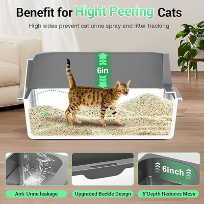 Extra Large Stainless Steel Cat Litter Box - 23.5" x 15.5" x 12" - High Sided Walls for Big Cats, Anti Urine Leakage, Odorless and Easy Cleaning - Foot Pad, Mat, Scoops & Deodorizer - XL Litter Box
