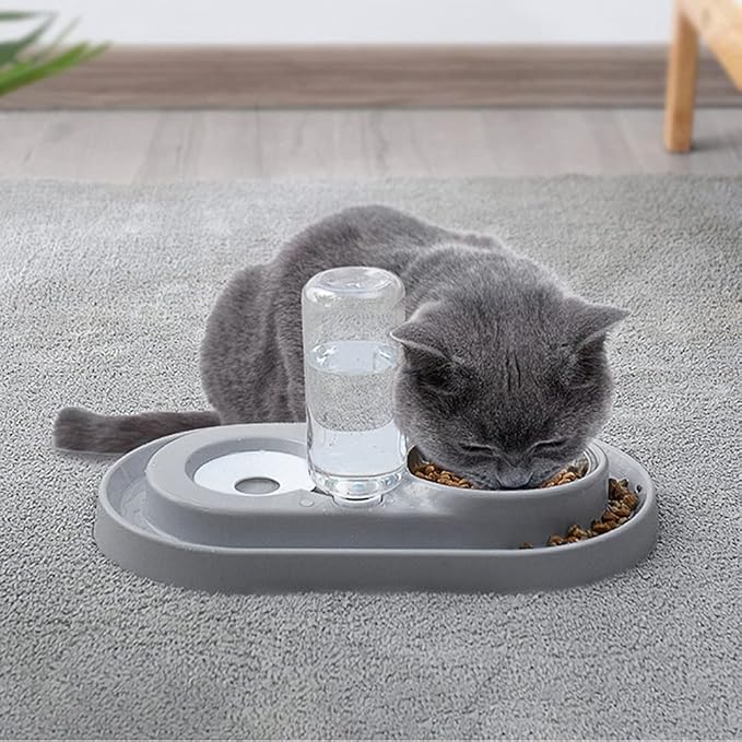 Luck Dawn Pet Feeder, Stainless Steel Double Dog Cat Bowls with Automatic Water Dispenser, for Small and Medium Pets, 500ml, Pink/Blue/Grey