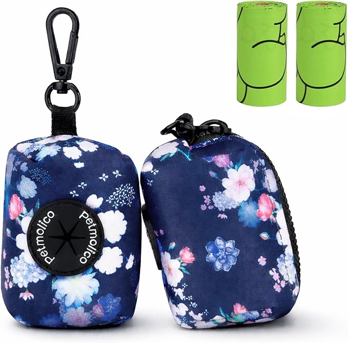 Petmolico Dog Poop Bag Holder Leash Attachment, Dog Waste Bag Dispenser Zippered Pouch, Fits Any Dog Leash, Includes Free Roll of Dog Bags, Poop Bag Dispenser - 2 Packs, Mixed Blue & White