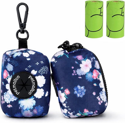 Petmolico Dog Poop Bag Holder Leash Attachment, Dog Waste Bag Dispenser Zippered Pouch, Fits Any Dog Leash, Includes Free Roll of Dog Bags, Poop Bag Dispenser - 2 Packs, Mixed Blue & White
