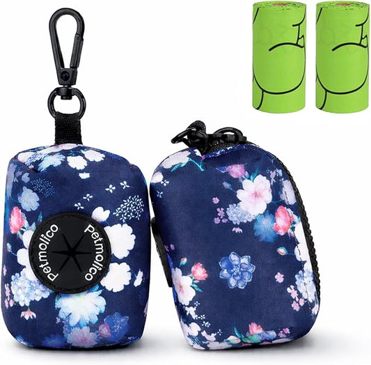 Petmolico Dog Poop Bag Holder Leash Attachment, Dog Waste Bag Dispenser Zippered Pouch, Fits Any Dog Leash, Includes Free Roll of Dog Bags, Poop Bag Dispenser - 2 Packs, Mixed Blue & White
