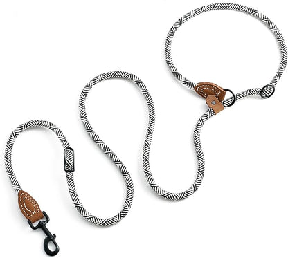 Mile High Life Hands Free Dog Leash, Crossbody Waist Leash with Genuine Leather Connection, Multifunctional Adjustable Slip Lead for Dog Walking Running (Blue White, 8FT)