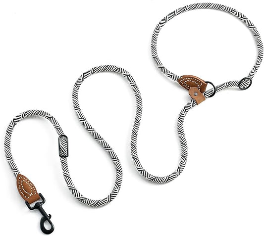 Mile High Life Hands Free Dog Leash, Crossbody Waist Leash with Genuine Leather Connection, Multifunctional Adjustable Slip Lead for Dog Walking Running (Blue White, 8FT)