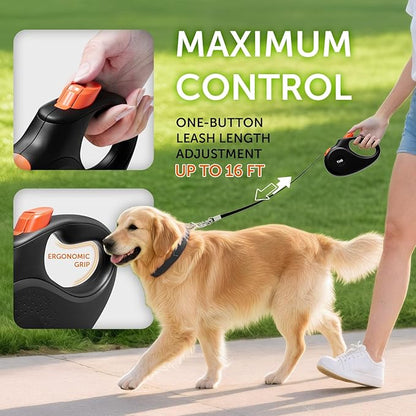 TUG 360° Tangle-Free Retractable Dog Leash | 16 ft Strong Nylon Tape (Small, Black/Orange)