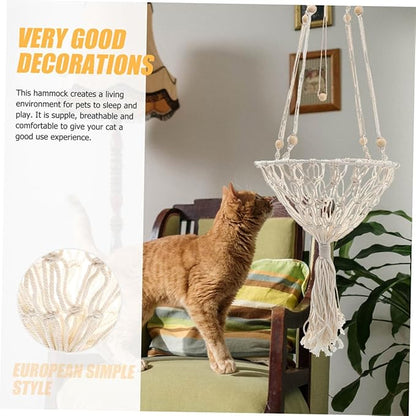 Hanging Cat Hammock Bed 40cm Wear-Resistant Bohemian Woven Pet Nest for Indoor Cats to 30 Lbs Decorative