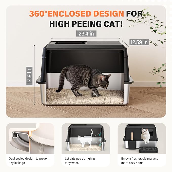 Removable Stainless Steel Cat Litter Box with lid, Side & Top Entry Kitty LitterBox，Cat Litter Box Enclosure, XL Extra Large High-Sided Metal Cat Box with Scoop, Footboard (Black)