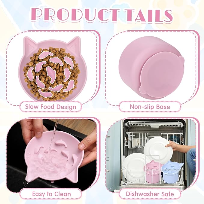 2 Pack Silicone Cat Slow Feeder, Elevated Slow Feeder Cat Bowl for Dry and Wet Food, Tilted Design with Non Slip Base, Adjustable Angle for Pet(Pink and Blue)