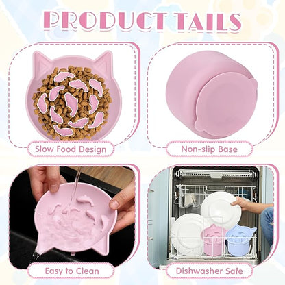 2 Pack Silicone Cat Slow Feeder, Elevated Slow Feeder Cat Bowl for Dry and Wet Food, Tilted Design with Non Slip Base, Adjustable Angle for Pet(Pink and Blue)
