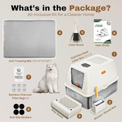 Fully Enclosed XXL Stainlessss Steel Litter Box with Lid, 8" Deep Pan, Large Stainless Steel Cat Litter Box for Big Cat with Scoop, Step Board, Mat, Brush, Odor-Free, Anti-Leak, Non-Stick (White)
