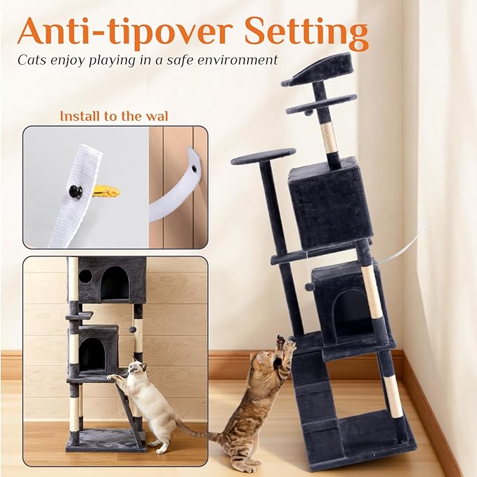 DUMOS 70-inch Indoor Cat Tree Tower –Multi-Level Pet House for Large Cats with 2 Condos, Scratching Posts, Round Platform, Small Ladder, and Toys, Grey