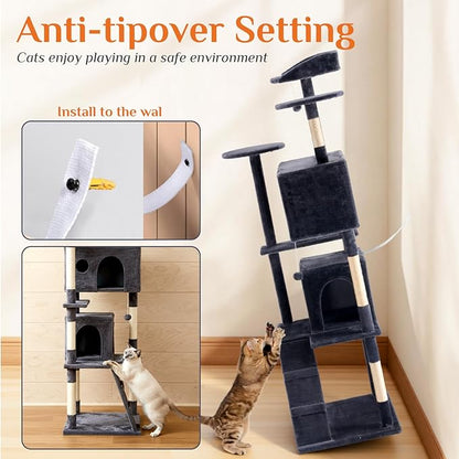 DUMOS 70-inch Indoor Cat Tree Tower –Multi-Level Pet House for Large Cats with 2 Condos, Scratching Posts, Round Platform, Small Ladder, and Toys, Grey