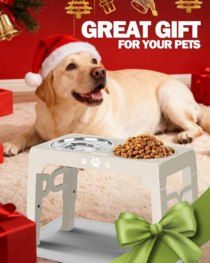 Elevated Dog Bowls for Medium Size Dogs with Mat, Non-Slip Dog Feeder with 1*Stainless Steel Dishes & 1*Slow Feeder Bowl, 5 Heights Adjustable Raised Bowls for 3.15″-8.66″-9.84″-11.02″-12.2″