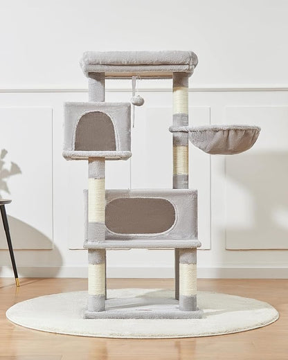 Taoqimiao Cat Tree,49-Inch Cat Tower for Indoor Cats,2 Luxurious cat condo with Adjustable Large Hanging Baskets and Large Luxurious Perch Light Gray MS029LW