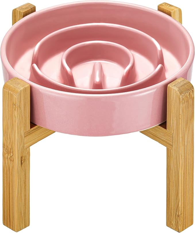 Ceramic Slow Feeder Dog Bowls Elevated, 2.0 Cups Slow Feeder for Medium Dogs, Puzzle Maze Bowl to Slow Down Eating, 30oz, 8in, Pink