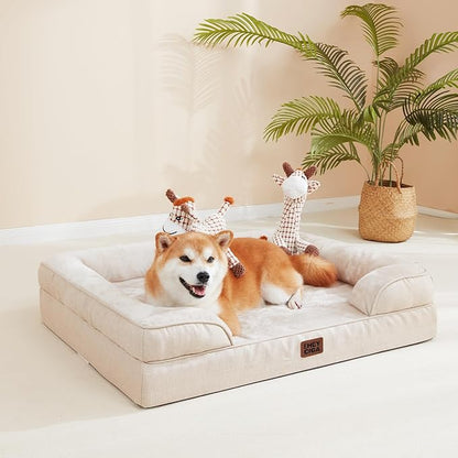 EHEYCIGA Orthopedic Dog Beds for Extra Large Dogs, Waterproof Memory Foam XL Pet Bed with Sides, Non-Slip Bottom and Egg-Crate Foam Big Dog Couch Bed with Washable Removable Cover, Beige