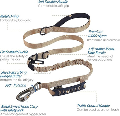 Hotsky Tactical Dog Leash Heavy Duty for Medium Large Dogs that Pull,4-6Ft Strong Bungee Shock Absorbing No Pull Dog Leash with Padded Double Handle and Car Seatbelt,Khaki