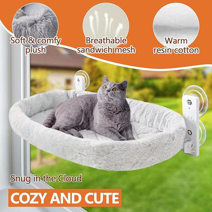 Collapsible Window Perch for Indoor Cats, Large Cats & Kittens - Equipped with a Cat-Catching Stick, Solid Metal Frame, Soft Cover, Strong 4 Suction Cup Wall Mount