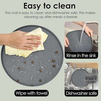 Pet Feeding Mats for Food and Water, Waterproof Anti-Slip Placemats for Dog Cat Bowl, 2 Pack Silicone Pet Food Mat, Dishwasher Safe 10.9 × 10.9 (2 Beige, Small Paws)