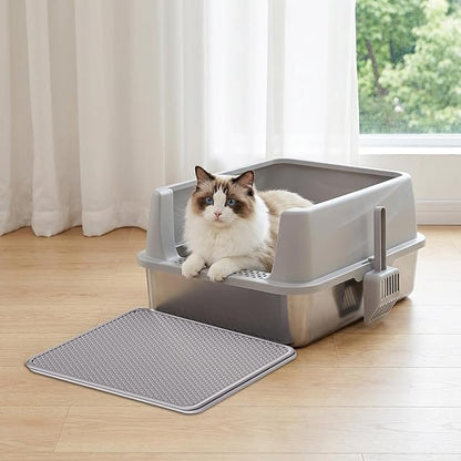 Henkelion Stainless Steel Cat Litter Box with Lid, Extra Large Litter Box for Big Cats with High Sided, Non-Sticky, Anti-Urine Leakage, Easy Cleaning, Include Cat Mat and Scoop with Holder (S)