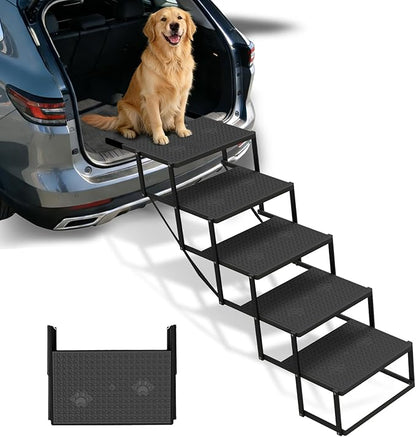 Dog Steps for Car, Truck, SUV, Dog Stairs for Car with Upgraded Non-Slip Surface, Foldable Dog Ramp for Car, Pet Stairs for Large Dogs, 5 Steps