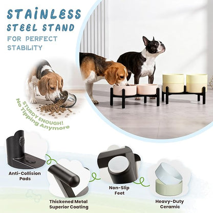 Ceramic Elevated Dog Bowl Set - Dog Feeder Station with Cute-Style Double Bowls for Small and Medium Size Breed - Non-Slip Raised Dish for Food and Water Feeding- 6 Inch - 3.5 Cups / 20 fl oz - Khaki
