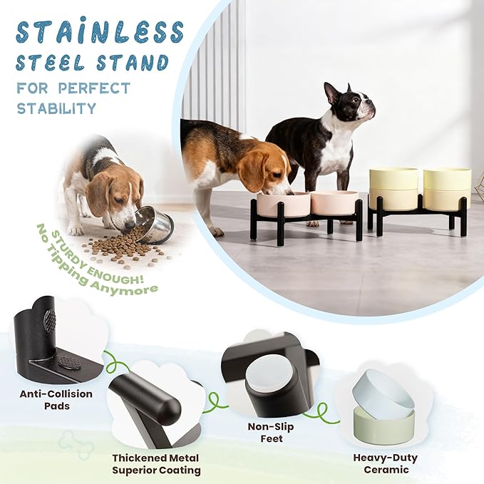 Ceramic Elevated Dog Bowl Set - Dog Feeder Station with Cute-Style Double Bowls for Small and Medium Size Breed - Non-Slip Raised Dish for Food and Water Feeding- 6 Inch - 3.5 Cups / 20 fl oz - Yellow