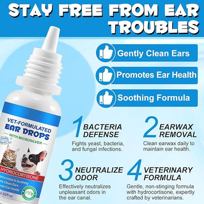 Cat & Dog Ear Infection Treatment Drops, Ear Cleaner to Soothe and Relieve Itchness, with 1% Hydrocortisone for Dog Ear Infections, Prevents Inflammatio, Treats Ear Infections- 2.02 Fl.Oz