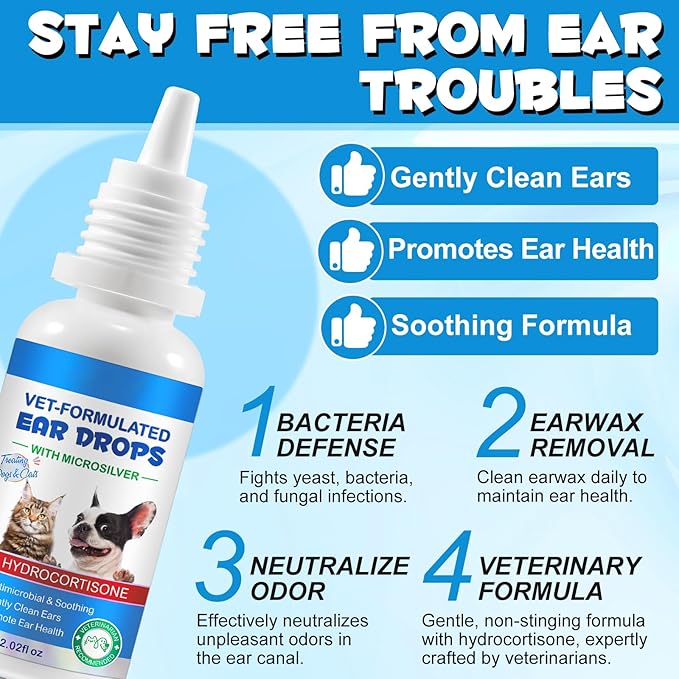 Dog Ear Infection Treatment Drops Yeast Ear Infection Treatment with 1% Hydrocortisone Ear Mites Treatment for Dogs Cat & Dog Ear Cleaner for Itchy Ear Relief (120ml)