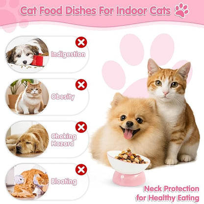 Cat Food Bowl, Ceramic Cat Bowls, Anti Whisker Fatigue Cats Bowl Set,Shallow Wide Kitten Plates for Food and Water (Pale Pink Xie)