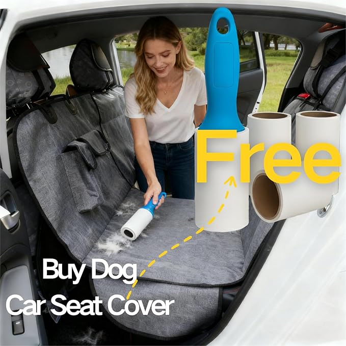 Waterproof Dog Back Seat Cover Protector, Scratch-Proof Non-Slip Dog Hammock for Cars Trucks SUV, Machine Washable Portable Pet Seat Cover, Gray with Lint Roller