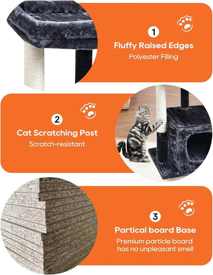 SYANDLVY 27IN Cat Tree for Indoor Cats Large Adult, Modern Activity Tower with Scratching Posts, Condo with Plush Perch, Climbing Stand with Spring Ball for Play, Smoky