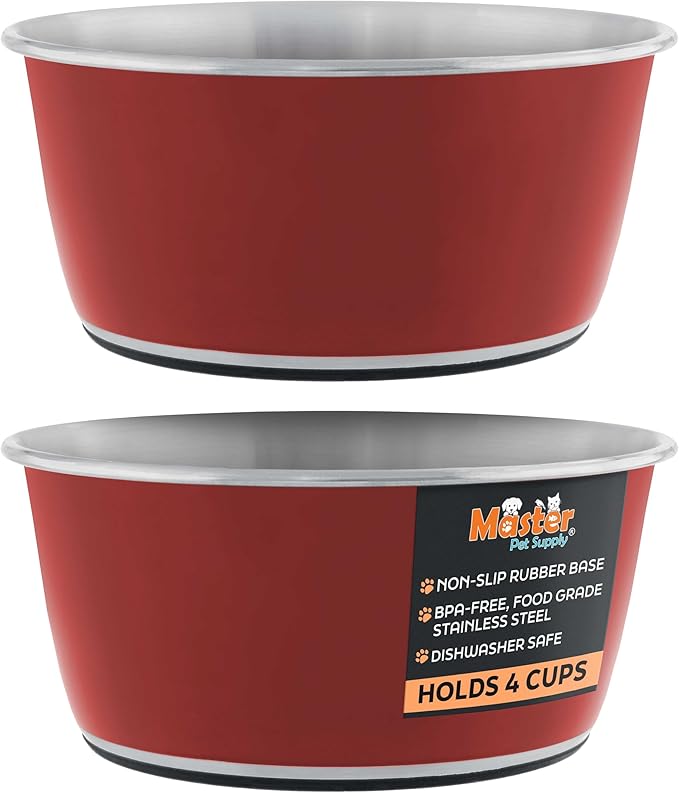 Master Pet Supply Stainless Steel Dog Bowls Set of 2 (32 Oz Each) with Non-Slip Rubber Base - Crimson Flame - Basic Dog Food Bowl Water & Food Bowls for Small Medium Large Dogs & Cats, Metal Dish