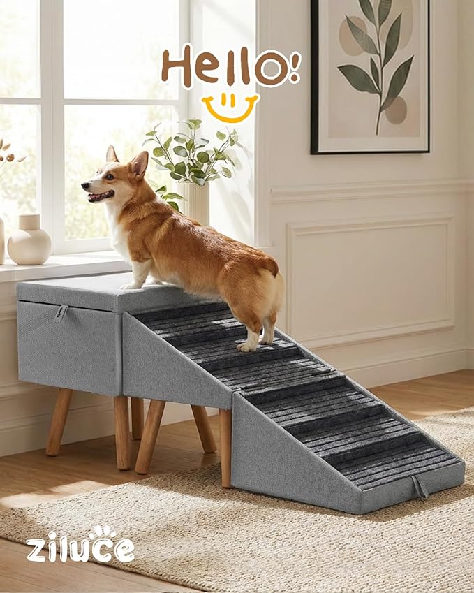 Dog Ramp for Bed & Couch, Dog Stairs 21.06 inches High for Large/Medium/Small Doggie, Foldable 2 in 1 Wooden Pet Steps for Puppy Older and Injured Dogs, Split Ottoman Design, No-Slip Surface