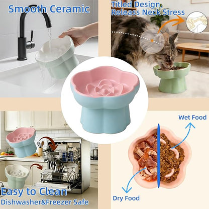 Ceramic Elevated Slow Feeder Cat Bowl,Anti Vomit Design for Whisker Fatigue Relief,Elevated Slow Feeder Bowls for Indoor Cats&Small Breeds,Perfect for Wet Food&Small Dogs (2, White and Purple)