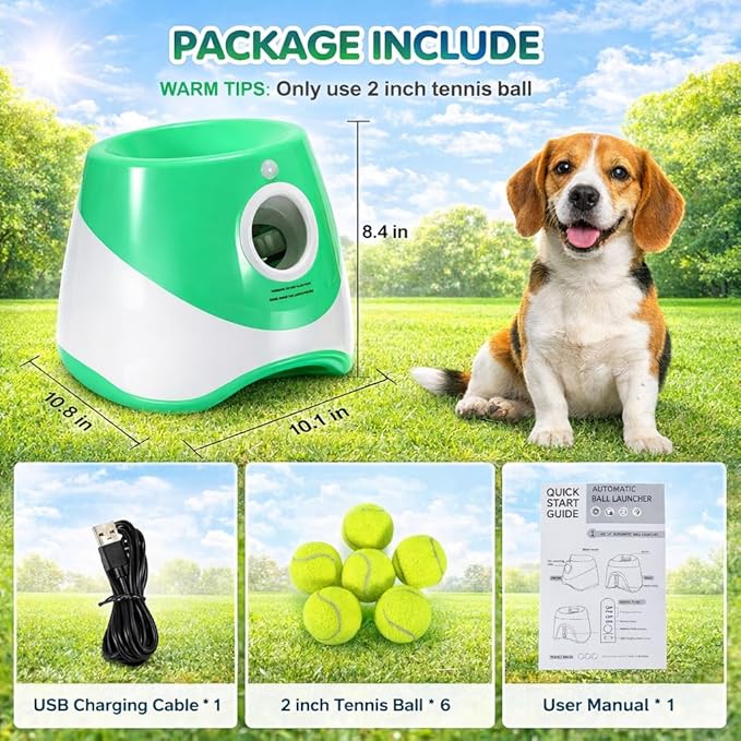 Automatic Dog Ball Launcher with 6 Tennis Balls, Adjustable 10/20/30 FT Distance, Interactive Fetch Machine for Small to Medium Dogs, Green