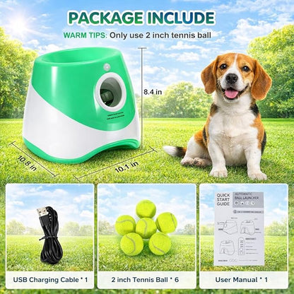 Automatic Dog Ball Launcher with 6 Tennis Balls, Adjustable 10/20/30 FT Distance, Interactive Fetch Machine for Small to Medium Dogs, Green