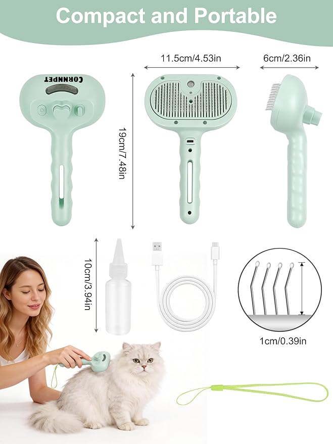 Dog Cat Steam Brush With UV Light, 3 in 1 Release Button Self-Cleaning Grooming Brush for Pets Cats Dogs, Hair Massaging Shedding for Small Animals Long Short Haired - Green