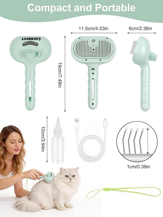 Dog Cat Steam Brush With UV Light, 3 in 1 Release Button Self-Cleaning Grooming Brush for Pets Cats Dogs, Hair Massaging Shedding for Small Animals Long Short Haired - Green