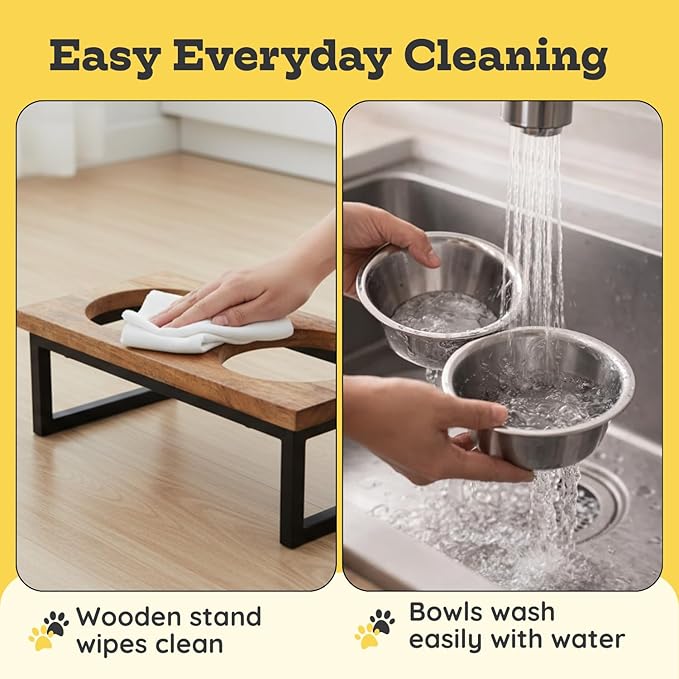 Elevated Dog Bowls, 4” Small Dogs & Cats Raised Bowl Mango Wood Stand, Food & Water 2 Stainless Steel Dishes Each 16oz/2Cup Capacity, Non-Slip Pet Feeder Station in Brown for Toy Breeds