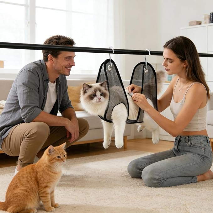 Cat Grooming Hammock, Anti-Scratching Mesh Bag, Dog and Cat Grooming Harness with S-Hook, Adorable Mesh Build, Puppy Kitten Home and Bathroom Tool for Ear Washing Combing Bathing