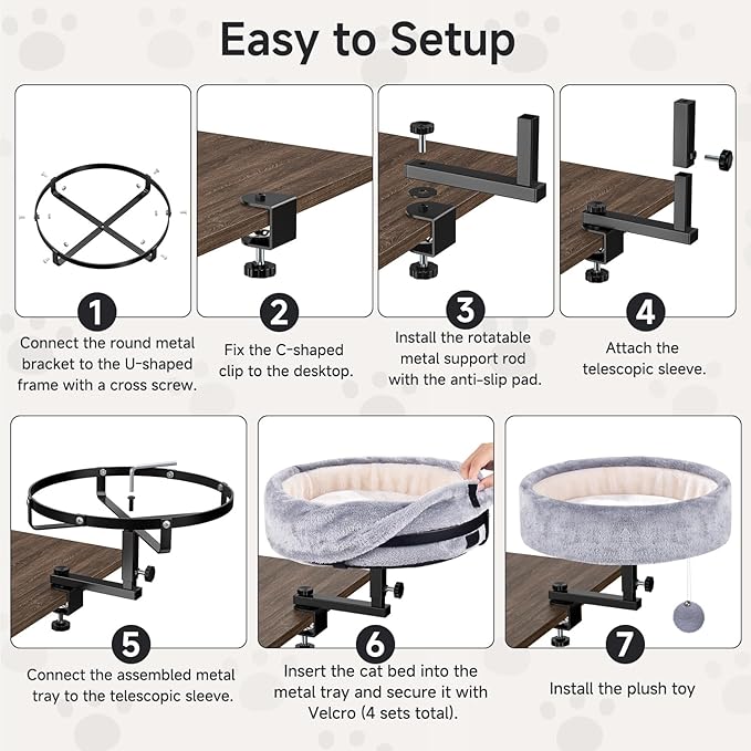 Cat Desk Bed - 360° Rotating & Adjustable, Supports 50 lbs, Soft Faux Fur with Dual-Sided Reversible Mat, Modern Indoor Cat Nest Furniture for Office Desks and Game Tables, Island Table