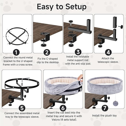 Cat Desk Bed - 360° Rotating & Adjustable, Supports 50 lbs, Soft Faux Fur with Dual-Sided Reversible Mat, Modern Indoor Cat Nest Furniture for Office Desks and Game Tables, Island Table