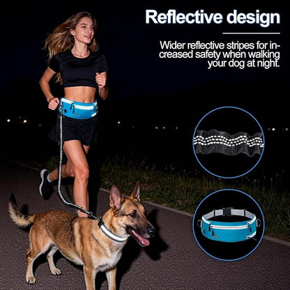Hands Free Dog Leash with Zipper Pouch, Waist Leash for Dog Walking and Running, Dual Padded Handles, Shock-Absorbing Bungee for Medium to Large Dogs (Blue)