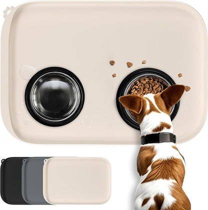 Silicone Dog Food Mat with Side Pocket & Hook Hole, Soft Raised Edges, Easy Clean Waterproof Non-Slip Pet Feeding Mat for Cats and Dogs Water Bowl, Pets Accessories(24"x16",Natural Tan)